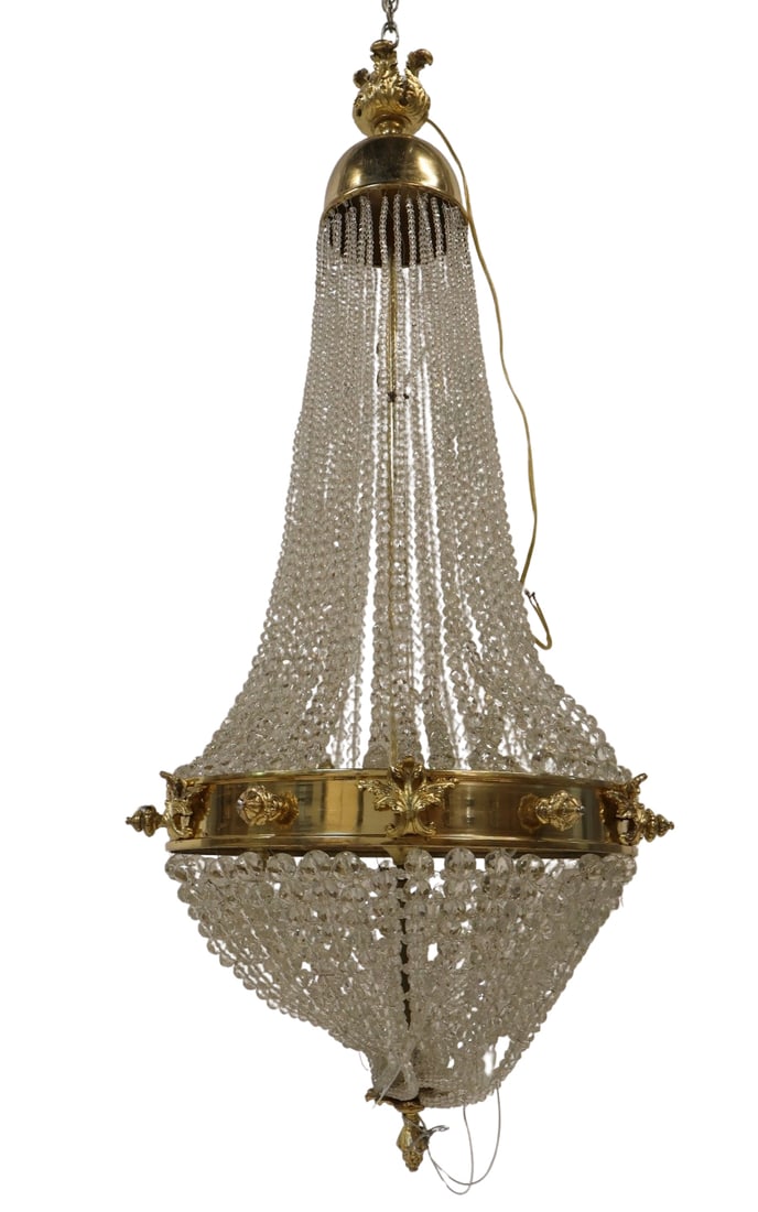 Vintage & Large Balloon Form Beaded Chandelier.: Nice quality with gilt metal frame and beading. From a New Jersey estate. - Dimensions: 48" h x 18" w
