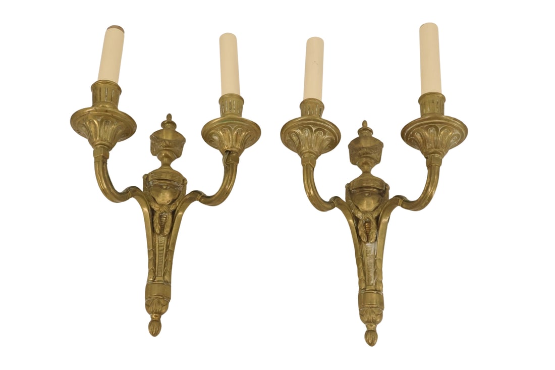 Pair of Gilt Bronze 2 Arm Sconces.: Nice heavy, quality. From a White Plains, NY estate. - Dimensions: 14.5" h x 8" w x 5.75" d