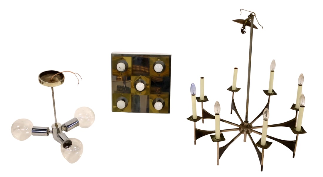 3 Midcentury Chandeliers.: To include a chrome 3 arm (16" x 9"), an Evans style (14" x 14") and a Parzinger style for Lightolier (28" x 26"). From a Rye NY estate.