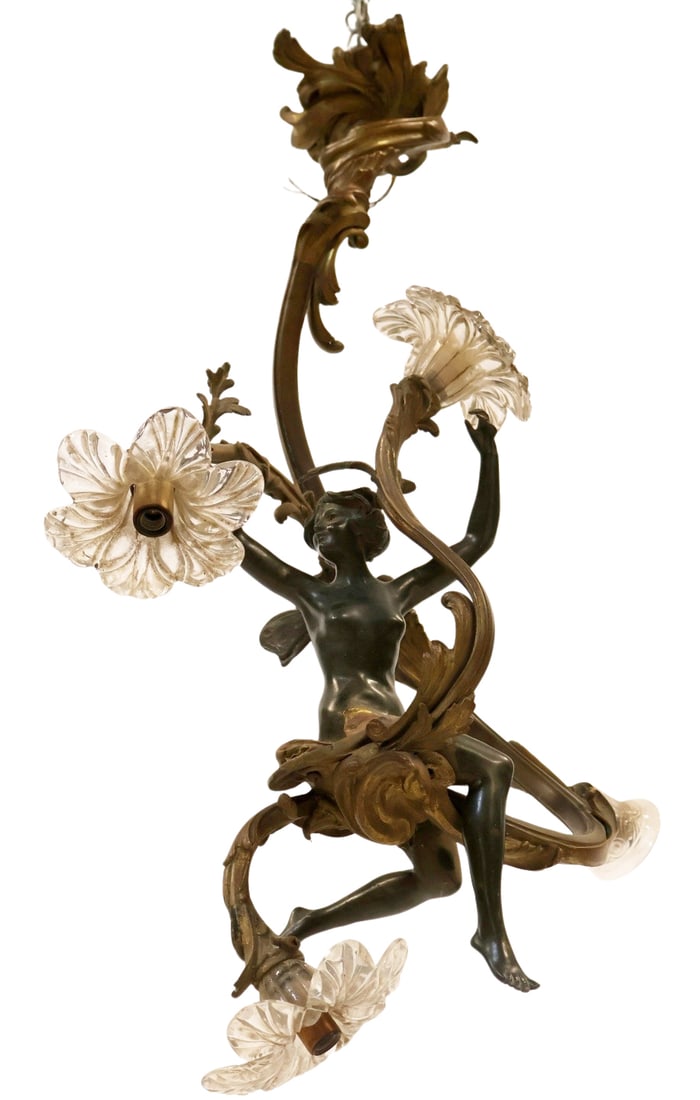 Antique Gilt & Patinated Bronze Fairy Chandelier: Good size and quality with Fairy swinging and glass shades. From a Yonkers NY estate. - Dimensions: 30"