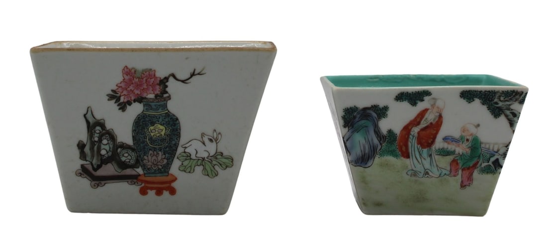 Collection of (2) Chinese Porcelain Famille Rose: square bowls. One bowl depicts figures of older and younger people with a blue interior; another bowl depicts (4) various vessels on the exterior. From a Cliffside Park, NJ estate. Dimensions: figures