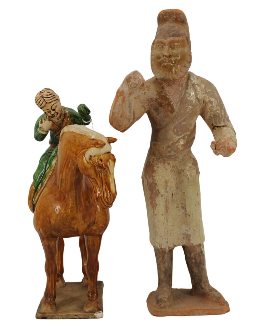 Collection of 2 Chinese Glazed Terracotta Figures.: 2 Chinese glazed terracotta figural sculptures. One is a tang style glazed horse with rider; the second is a standing lokopola figure. The horse sculpture is hollow on a stand, a "Hindman" tag is tied