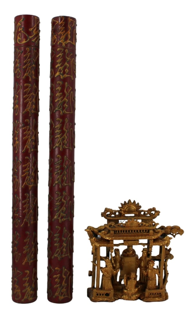 Chinese Lacquer & Gilt Decorated Grouping.: 2 cylindrical scroll holders/ cases & one lacquer & gilt decorated pagoda form wood carving with figures. Each scroll case is finished in a deep red with gold painted Chinese characters throughout. Th