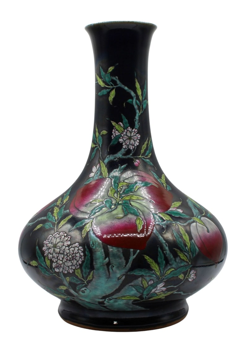 Chinese Porcelain Bottle Vase with (9) Peaches.: Chinese porcelain bottle neck vase in deep navy decorated with peaches, leaves, branches & flowers throughout the exterior. There is a blue 6-character mark, a "SACH" sticker & a "Antik West, Gotebork