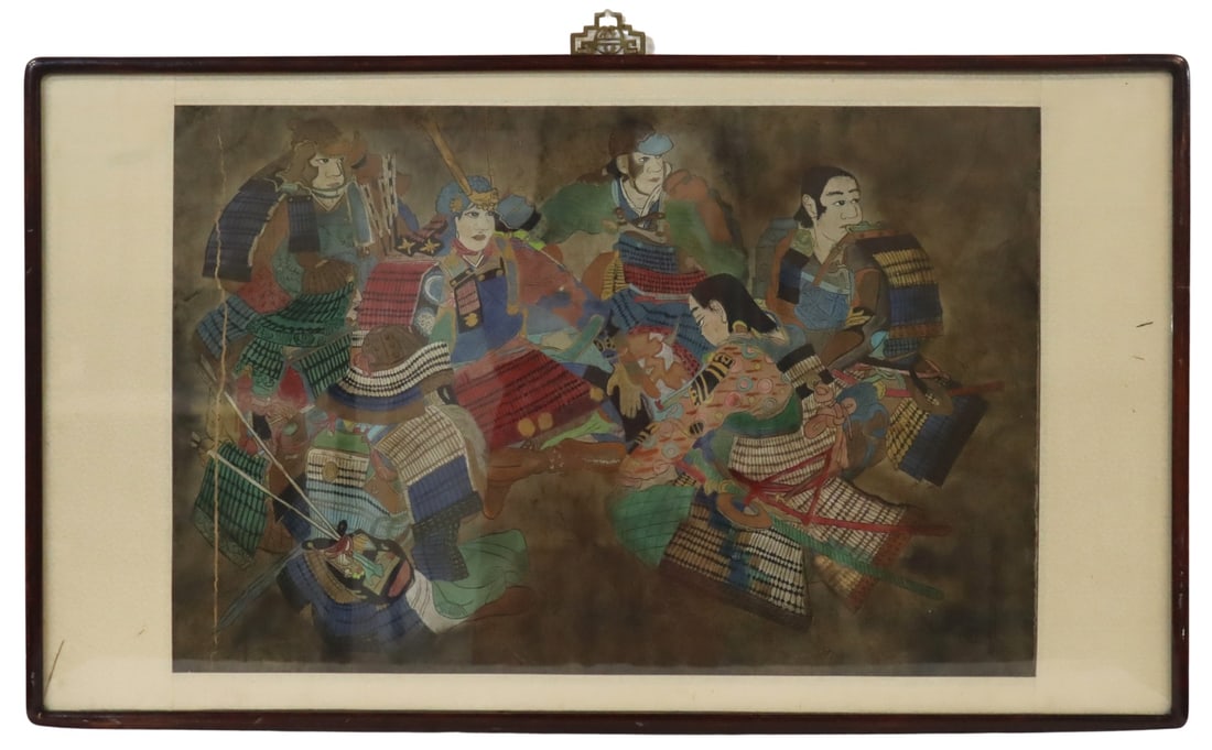 Large Framed Signed Chinese Painting of Warriors.: Signed lower right. From a New Rochelle, NY estate. Dimensions: frame measures approx. 25.75" h x 44.25" w; image measures approx. 21.5" h x 32.5" w.