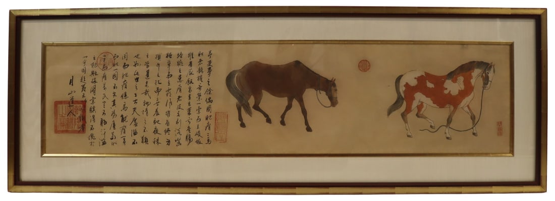 After Lang Shining (Guiseppe Castiglione) Painting: of Horses. Framed. From a Park Avenue NYC estate. Dimensions: frame measures approx. 18.125" h x 52.875" w; sight measures approx. 10.5" h x 45.5" w.