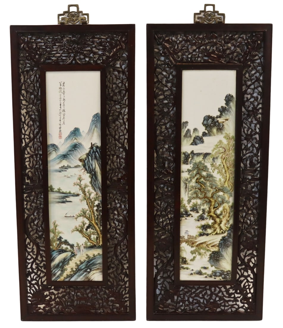 (2) Framed Chinese Enamel Plaques, (1) Sgnd.: Includes a framed Chinese enamel decorated porcelain mountainous landscape plaque displaying trees and a figure walking across a curved bridge; and a framed signed Chinese enamel decorated landscape p