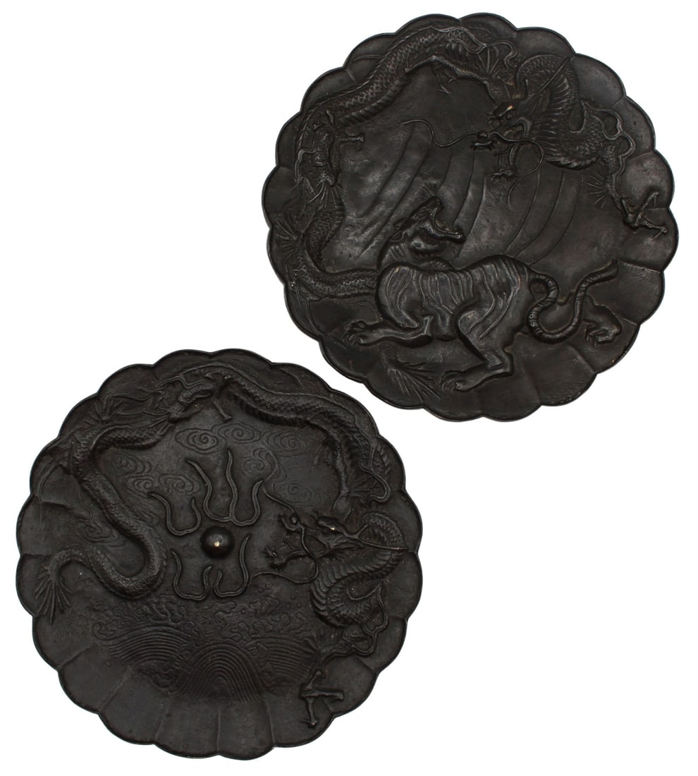 (2) Chinese Bronze Tiger & Dragon Plates.: (2) Chinese bronze circular high relief plates with one depicting a tiger and dragon in combat; the other depicting a dragon chasing a flaming pearl. Each plate with a scalloped edge. Each plate displ