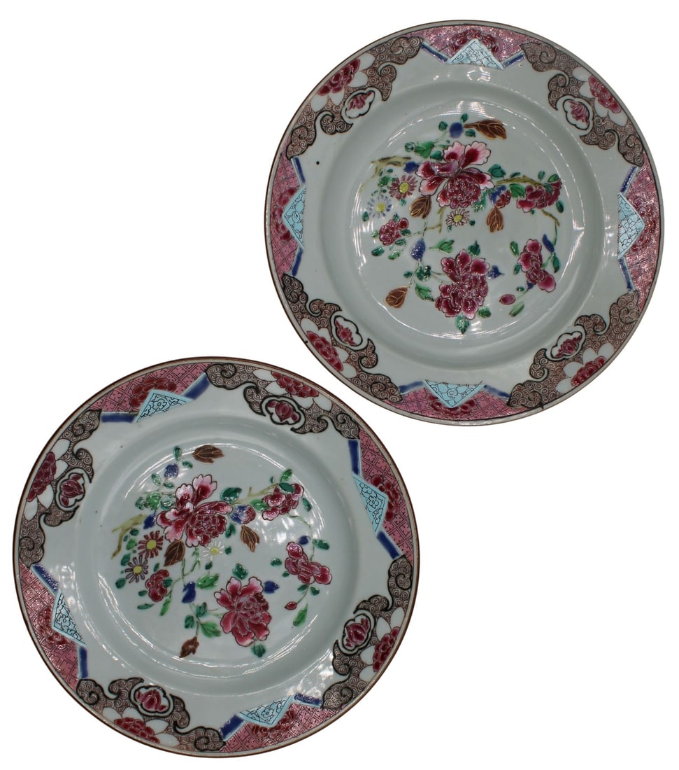 (2) Chinese 18th Century Famille Rose Plates.: Near Pair of (2) Chinese Famille Rose enamel decorated plates decorated with flowers of various species, size & color. Rim is decorated with a gold-color paint & colorful geometric patterns. From a Qu