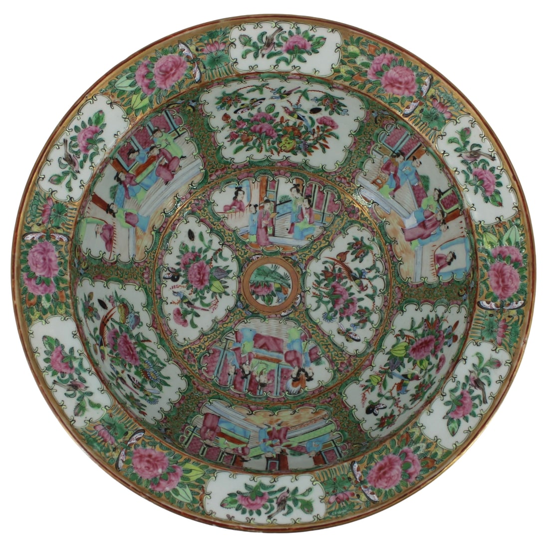 Chinese Famille Rose Punch Bowl.: Chinese ceramic Famille Rose enamel decorated punch bowl decorated with colorful vines, figures, & wildlife. Gilt rim, and three pink roses as exterior decoration. From a Mamaroneck, NY estate. Dimens