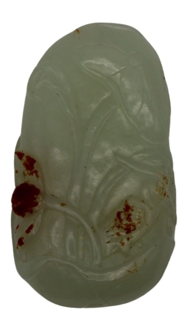 Chinese White Jade Carving of Lotus & Goose.: Chinese white jade carving of a lotus flower & goose. Slight russet skin. Total approx. weight of the carving is 33.4 grams (gross) From a Queens, NY estate. Dimensions: approx. 0.375" h x 1.125" w x 