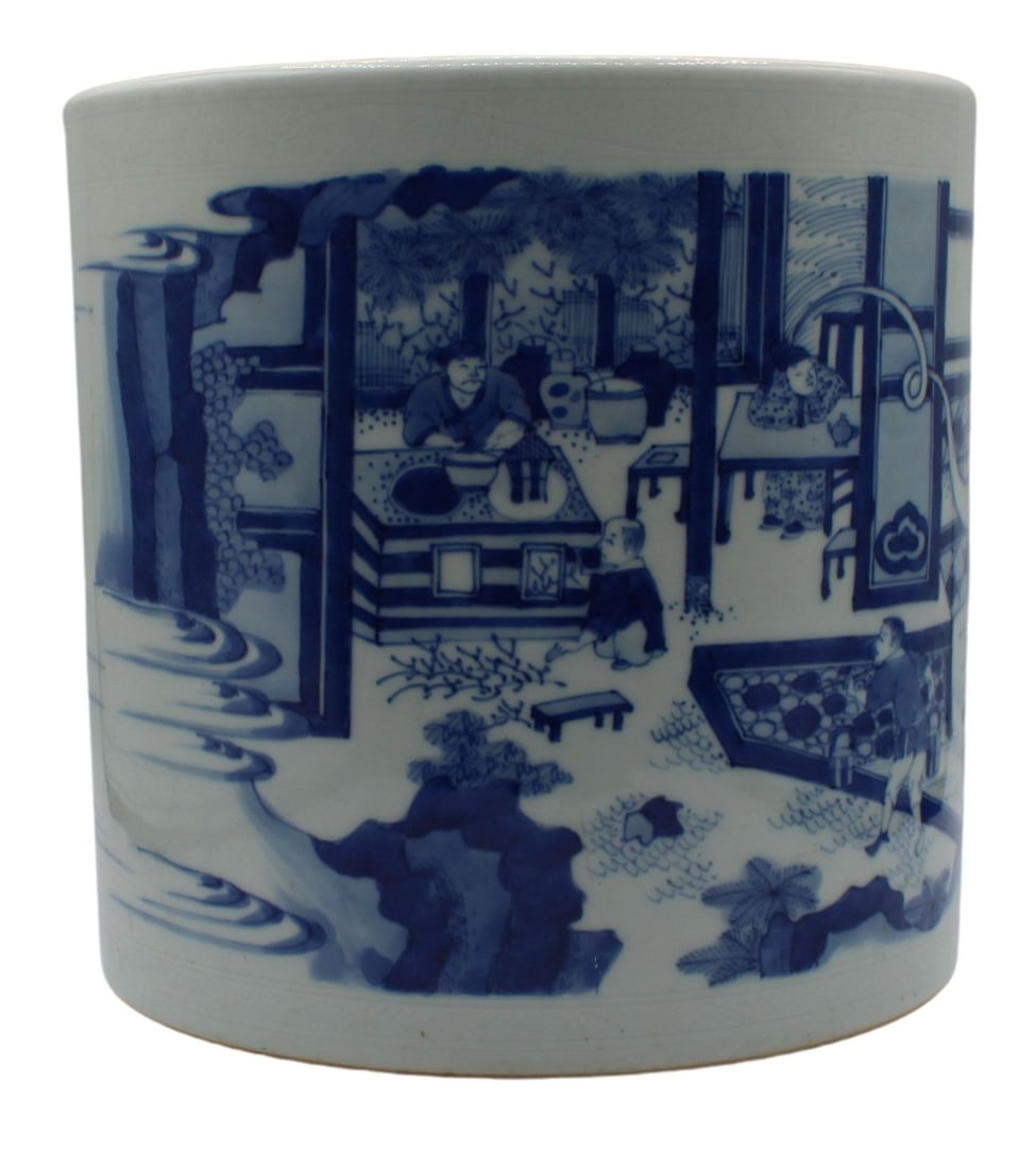 Chinese Blue & White Porcelain Brush Pot.: Chinese blue & white porcelain brush pot decorated with scenes of figures outdoors & landscape. Incised ribbons depicting flowers to the top & bottom edges. A blue 6-character mark in a blue ring to t