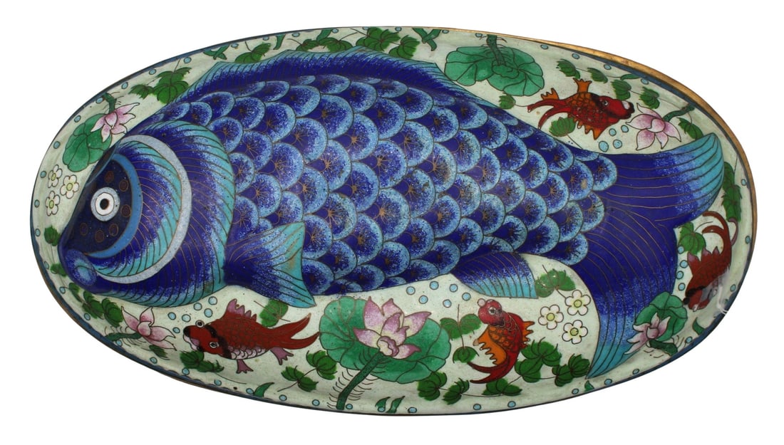Signed Chinese Cloisonne Lidded Carp Vessel.: Lid features fish/carp in various sizes and colors, & foliage. Gold cat head on each end of the piece. The interior is blue. There is a 4-character makers' mark stamped to the underside. From a Cliffs