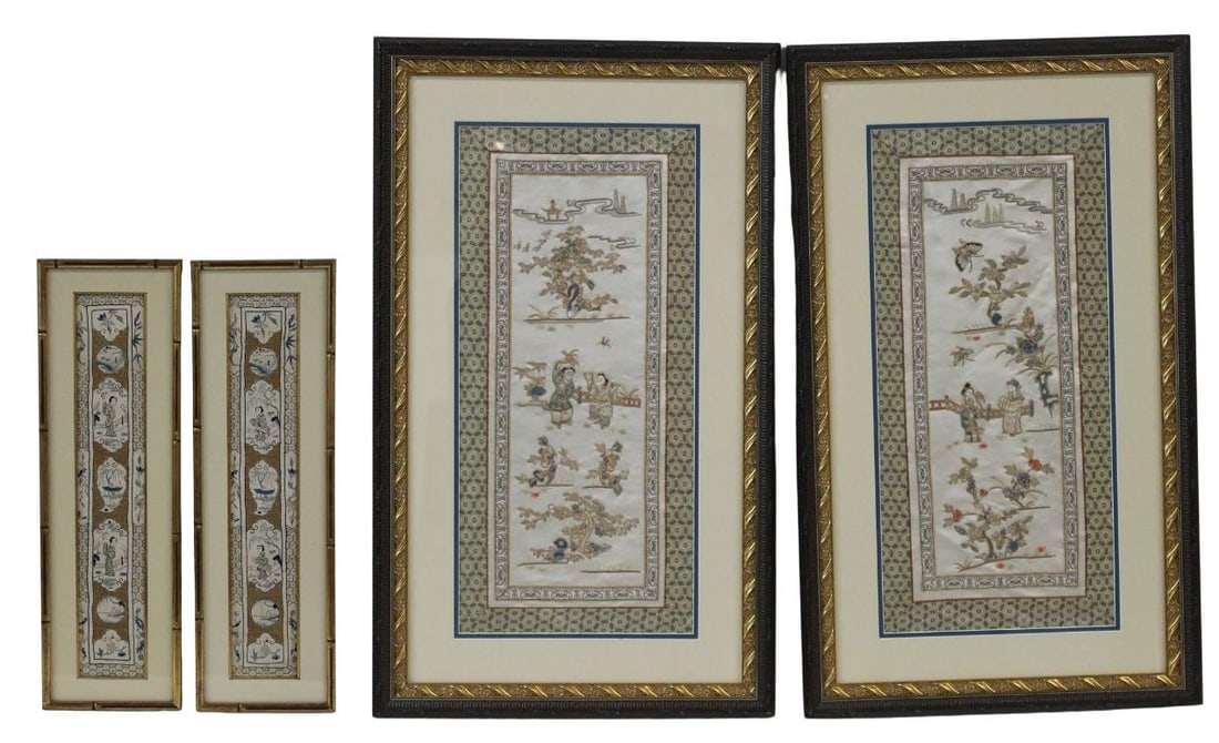 Collection of (4) Chinese Embroidered Panels.: Chinese embroidered panels, two larger & two smaller. The small framed panels each feature women & flowers with gold accents throughout. Each larger panel depicts figures, foliage, and flowers. One pa