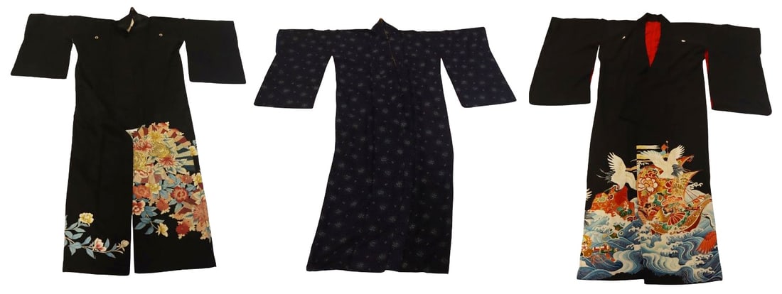 (3) Vintage Japanese Silk Kimonos.: (3) vintage Japanese silk kimonos: (1) with flower depictions accented by embroidered flora, and (1) cranes and ships floating on waves. From a Manhattan, NY estate.