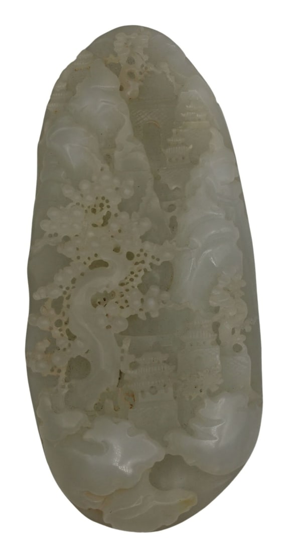 Chinese White Jade Landscape Carving with Pine: Trees. Chinese white jade carving displaying a landscape scene of trees, clouds and architecture. Small carving verso. Total approx. weight of the jade carving is 269.5 grams (gross). From a Cliffside