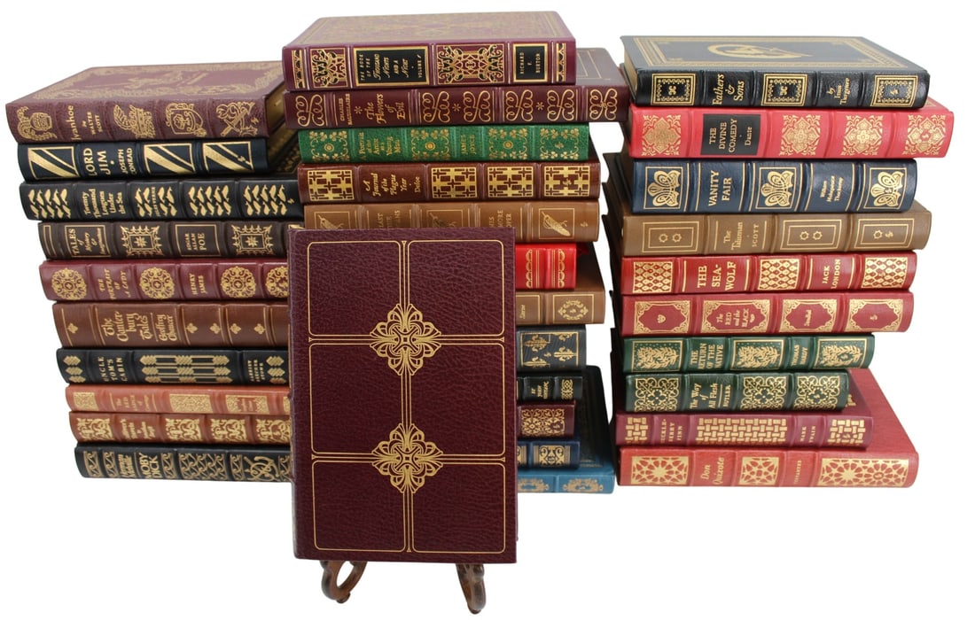 33 Easton Press Leather Bound Books: Easton Press collection to include: Moby Dick, Gulliver's Travels, The Red Badge of Courage, Uncle Tom's Cabin, The Canterbury Tales, Portrait of a Lady, She Stoops to Conquer, Robinson Crusoe, Jane E