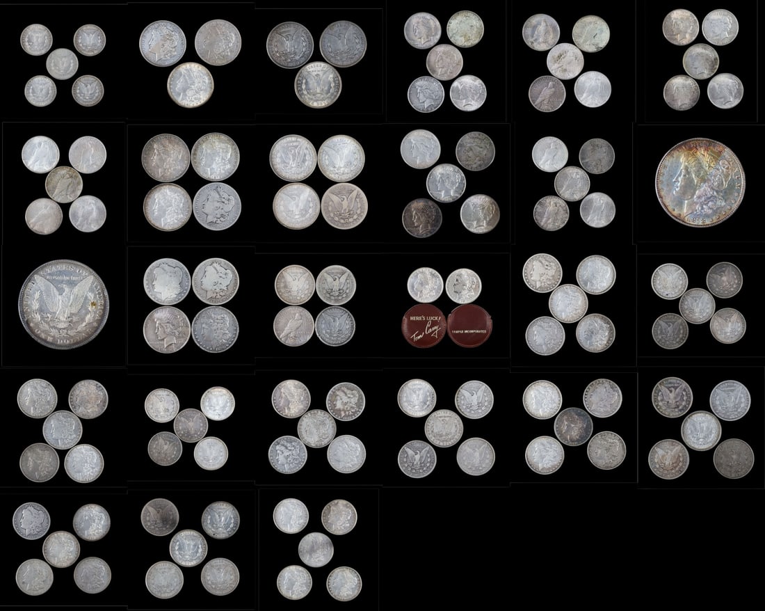 NUMISMATICS (59) Morgan & Peace Silver Dollars $1: Including (2) 1878 (Philadelphia struck) $1 Morgan Silver Dollars; (1) 1879 (Philadelphia struck) $1 Morgan Silver Dollar; (2) 1880 (Philadelphia struck) $1 Morgan Silver Dollars; (1) 1882 O $1 Morgan