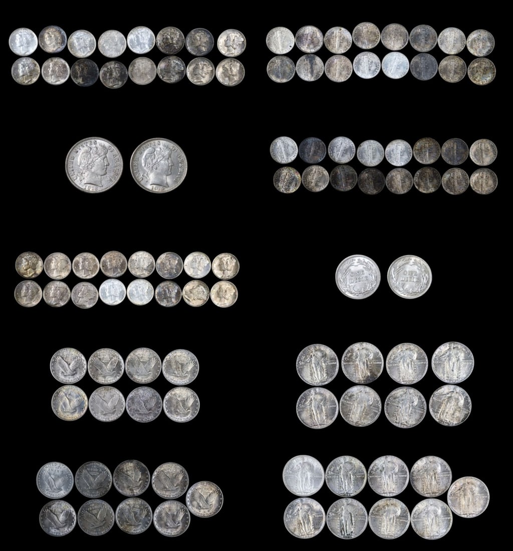 NUMISMATICS. Waling Liberty, Mercury and Barber: Coins. $7.90 face value of 90% silver coins. Including (2) $0.20 face value 90% silver assorted full date (1892-1916) Barber dimes; (32) $3.20 face value 90% silver assorted full date (1916-1945) Merc