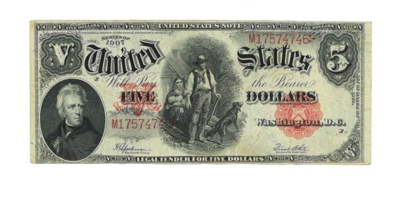 Series 1907 $5 1907 $5 Legal Tender Wood Chopper: A Series of 1907 $5 Legal Tender "Wood Chopper", Fr. #91, bearing the Speelman/White signatures, Plate# F799/307, and Serial# M17574746. From a Bronxville, NY estate. Dimensions: note measures approx.