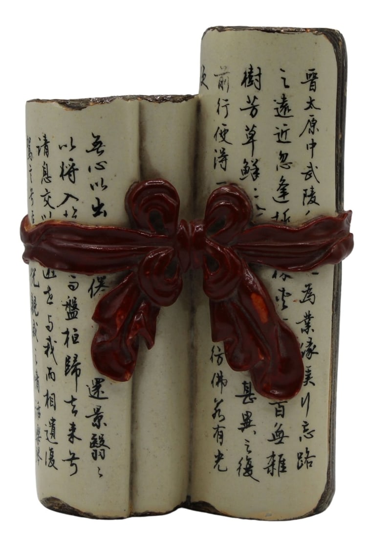 Chinese Enamel Decorated Ceramic Calligraphy: Scroll. Two Chinese enamel decorated ceramic scrolls "tied" together with an iron red ribbon on the front and impressed stamps verso. Total approx. weight of this piece is 525.2 grams (gross) From a C