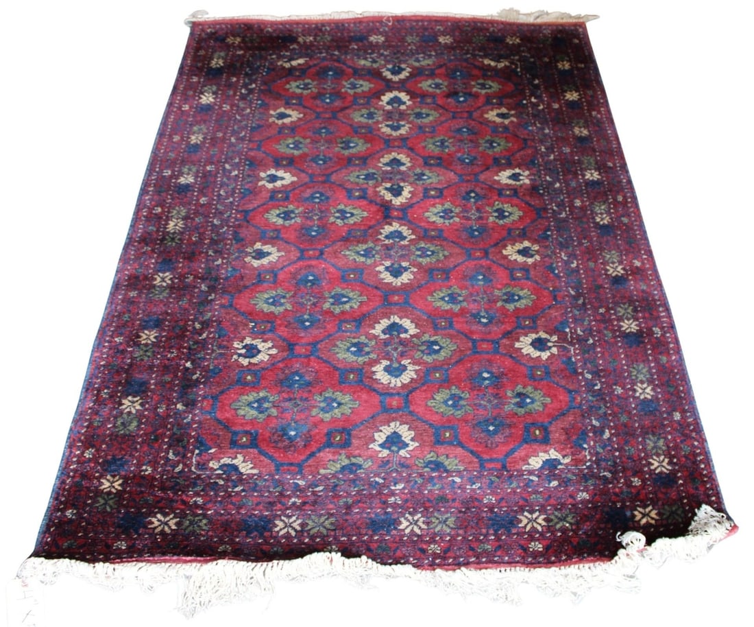Vintage and Finely Hand Knotted Silk Afghan Carpet: From a Greenwich, CT estate. - Dimensions: 5ft x4ft