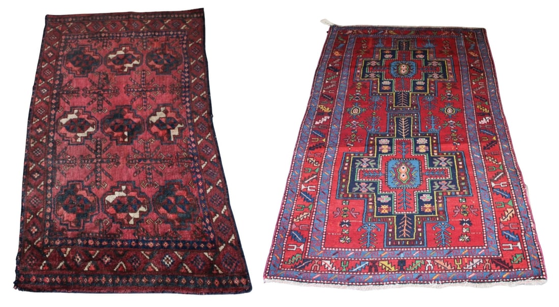 2 Vintage and Finely Hand Knotted Carpets: One Turkoman Rug (2ft 4" x 4ft 6") and another one (3ft 8" x 6ft 4"). From a Greenwich, CT estate.