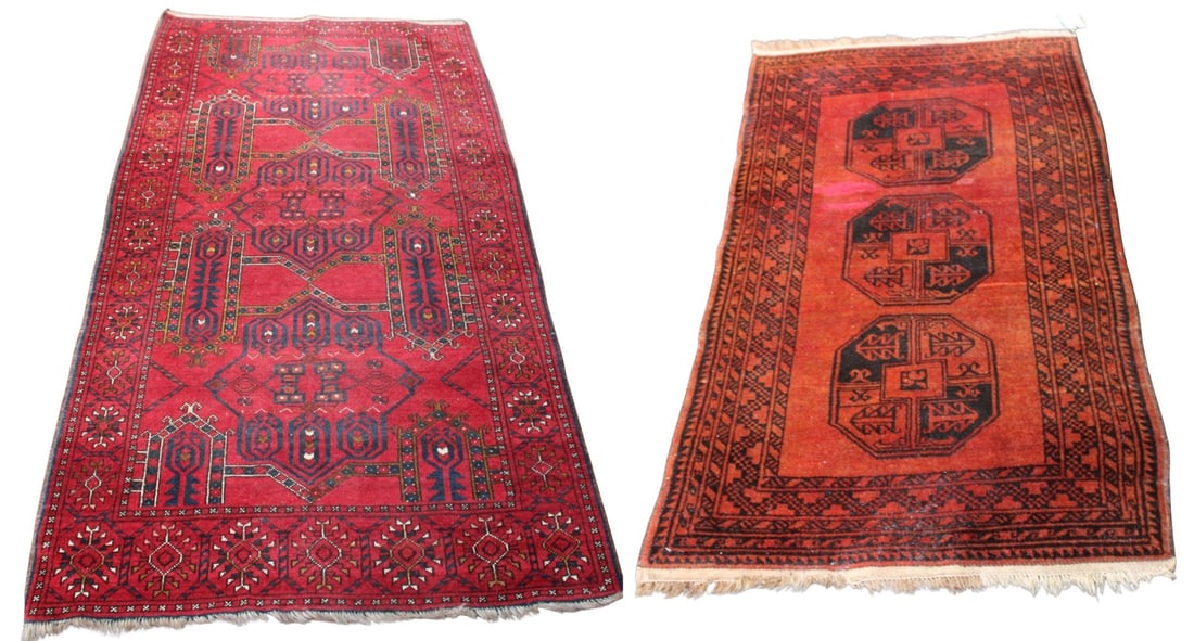 2 Vintage and Finely Hand Knotted Carpets: One Afghan Charchawgi (3ft 8" x 7ft 2") and one Suleyman (3ft x 5ft 2") carpet. From a Greenwich, CT estate.