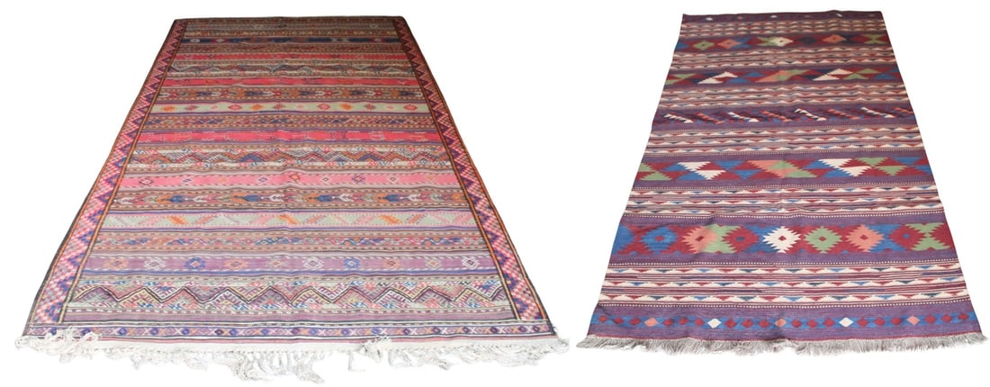 2 Vintage and Finely Hand Knotted Kilm Carpets.: One Persian (5ft 8" x 10ft 8") and one Afghan (3ft 11" x 7ft 2") Kilm Carpet. From a Greenwich CT collection.