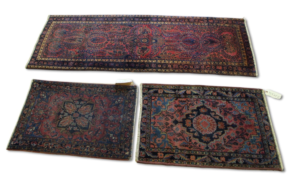 3 Antique & Finely Hand Knotted Area Carpets.: Measurements (6ft 3" x 2ft 5", 3ft 3" x 2ft 2" , 2ft x 2ft 9"). From a Yonkers, NY estate.