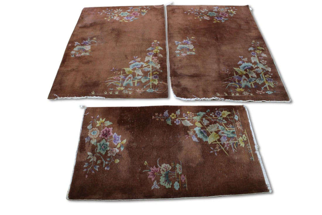 3 Art Deco & Finely Hand Knotted Chinese Carpets: Measurement are 3ft x 5ft, 6ft 1" x 3ft 11" and 6ft 3" x 4ft. From a Yonkers, NY estate.