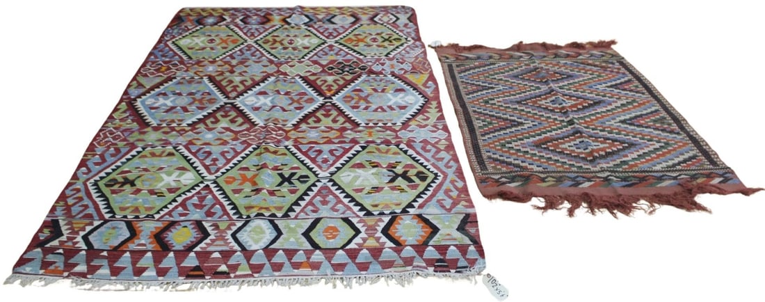 Lot of 2 Antique Kilm Carpets.: From a Long Island, NY estate. - Dimensions: 10ft 2" x 5ft 6" & 5ft 6" x 3ft 10".