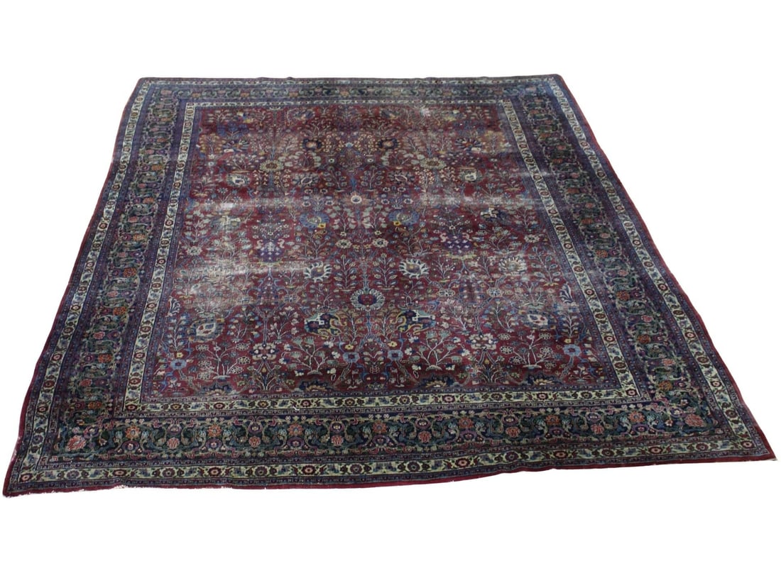 Vintage and Finely Hand Knotted Sarouk Carpet: Vibrate Red good pile with floral motif and vases. From a Irvington, NY estate. - Dimensions: 10ft 10" x 13 ft 11"
