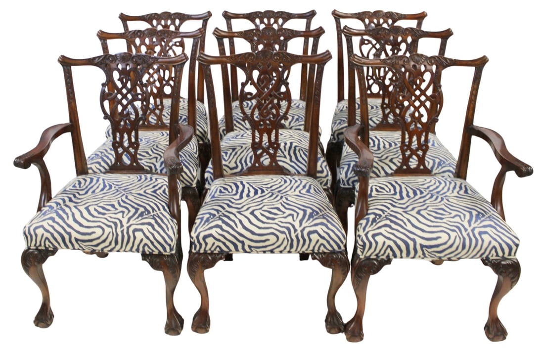 9 Vintage Chippendale Style Mahogany Dining Chairs: Nice quality and fabric with carved backs and ball and claw feet. From a Rye NY estate. Dimensions: Arm: 39" h x 24.5" w x 23" d; and sides 22" w.