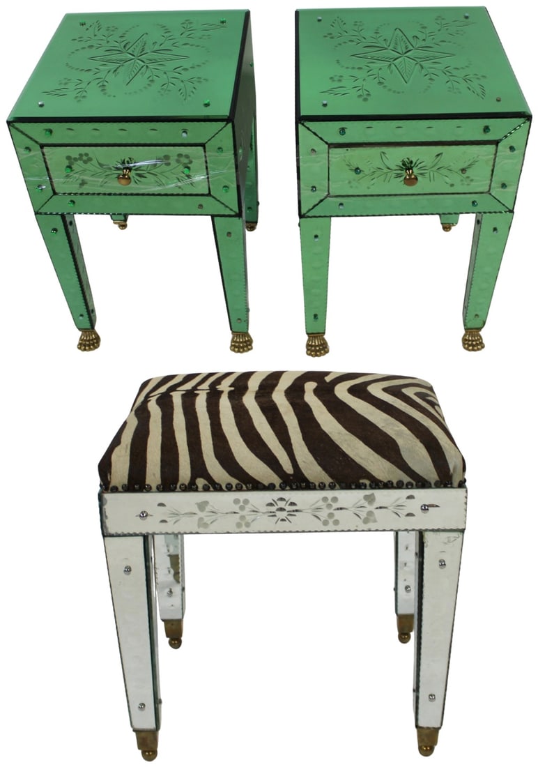 Pair of Venetian Style Mirrored Night Stands & a: Venetian Style Mirrored Bench. The night stands (24" x 16" x 16") with etched decoration and claw feet; and the bench with hide upholstery (24" x 23" x 18"). From a NJ estate.