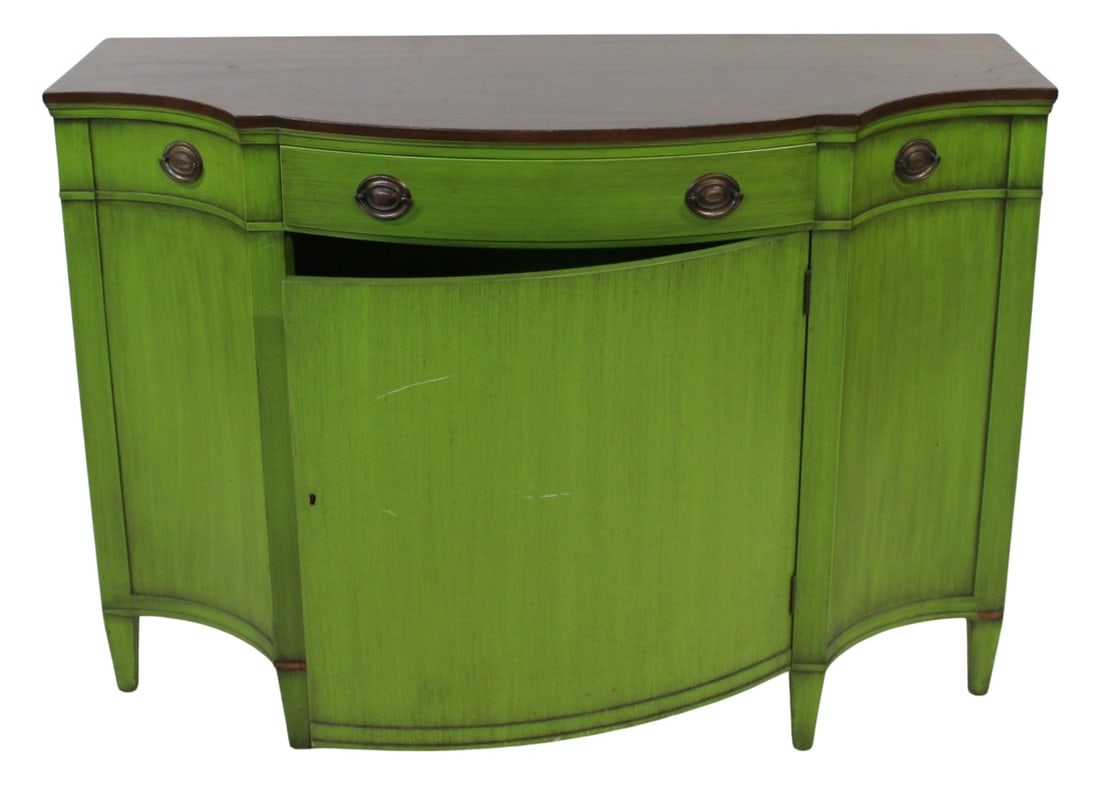 BAKER Signed Bow Front Cabinet.: Green painted with mahogany top. From a New Jersey estate. - Dimensions: 20" x 48" x 34"