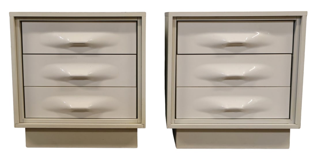 Giovanni Maur Pair Nightstands After Raymond Lowey: A vintage pair of three drawer chests / nightstands by Giovanni Maur for Treco, Canada. From a New Jersey estate. - Dimensions: 24" x 22.75" x 18"