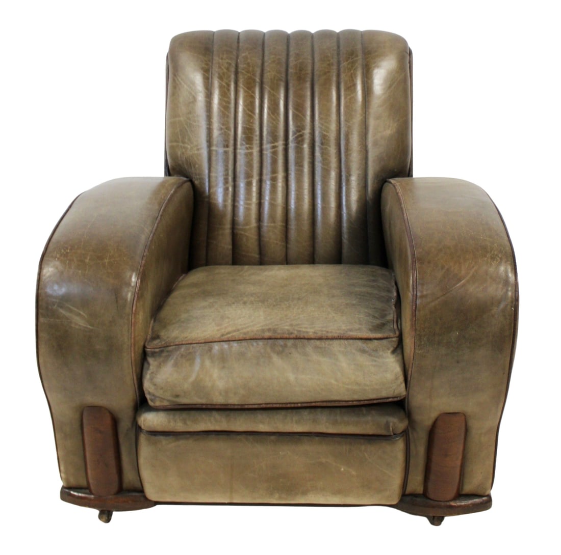 Art Deco Leather Upholstered Club Chair.: Great oversize and comfortable chair with wood trim and castors. From a NJ estate. - Dimensions: 34" x 35" x 38"