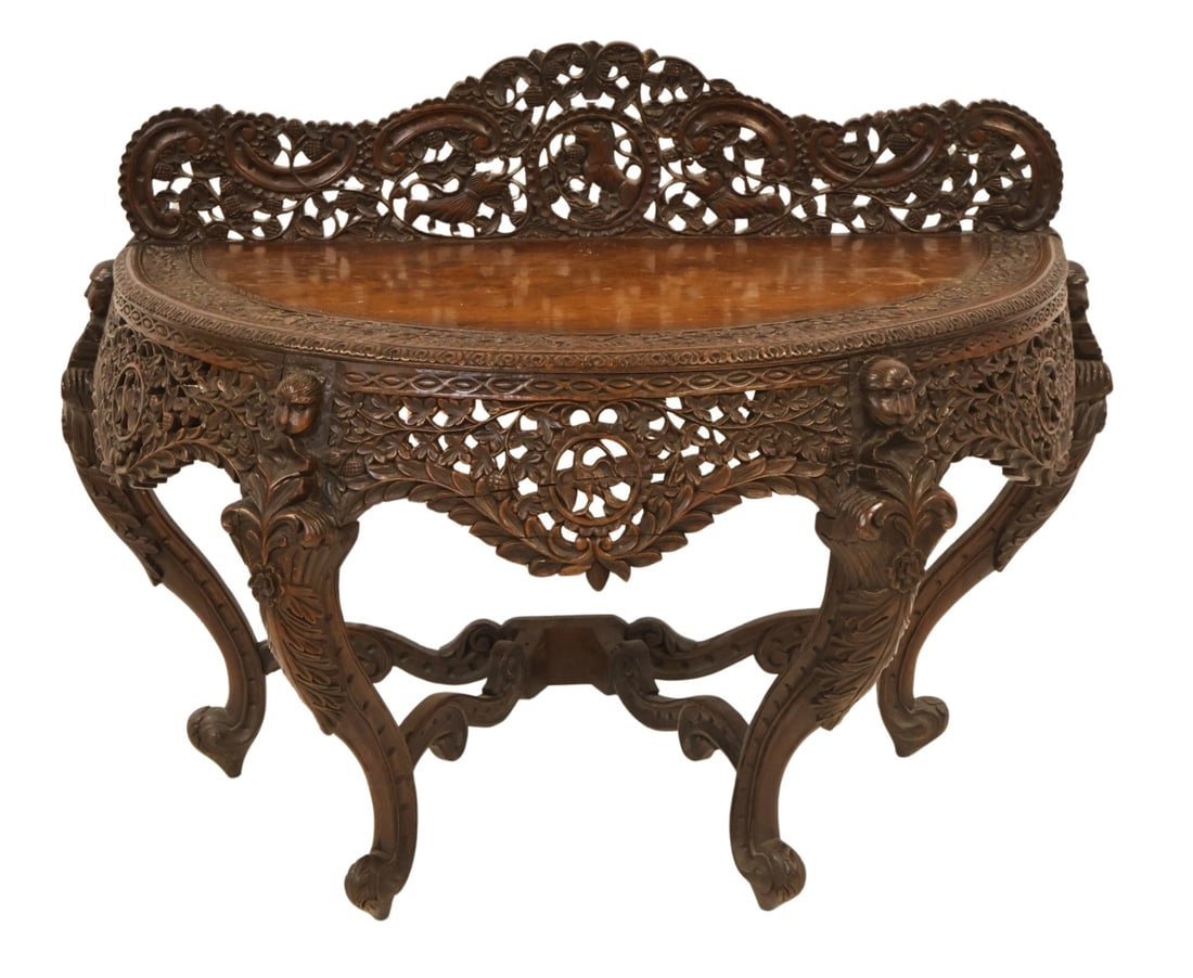 Antique Anglo Indian Highly & Finely Carved: Console Table. The best of quality and good size with back splash. From a New Jersey estate. - Dimensions: 38"x48"x21"