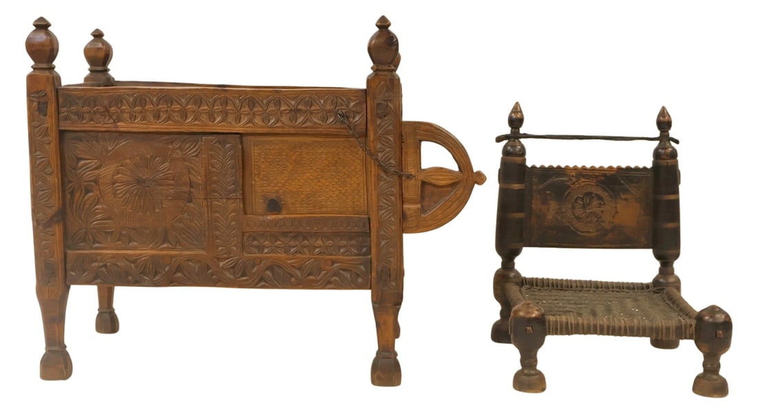 North West Carved Wood Furniture.: From a Greenwich CT collector. Dimensions: 33" h x 33.5" w x 18.5" d and 26" h x 20.5" w x 19.5" d.