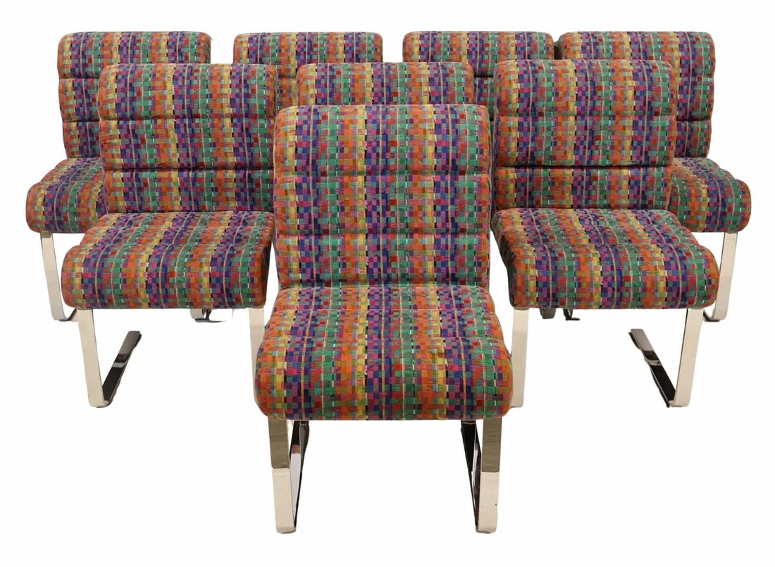 FRANK MARIANI Set of 8 Pace Collection "Lugano": Chairs. Eight Lugano cantilever dining chairsPace Collection, circa 1970s. Chromed flat bar, upholstery. From a Harrison, NY estate. - Dimensions: 33" x 20" x 22"