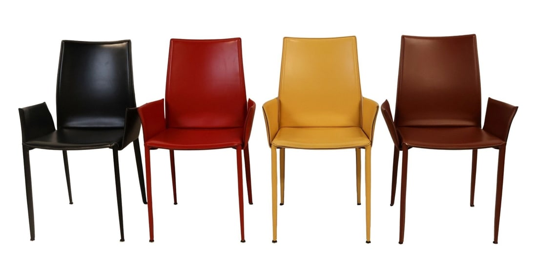Set of 4 Seventies Leather Chairs.: Great quality and color combo. Possibly Italian. From a Harrison, NY estate. - Dimensions: 35.5" h x 21.75" w x 17" d