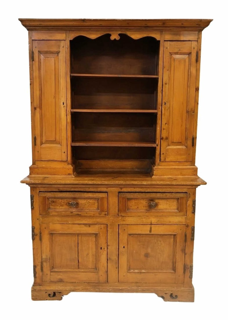 18th/19th Century Italian Step Back Cabinet.: Top with 2 doors and an open shelf section and bottom. From a Greenwich, CT estate. - Dimensions: 83.25" h x 53.25" w x 20.25" d