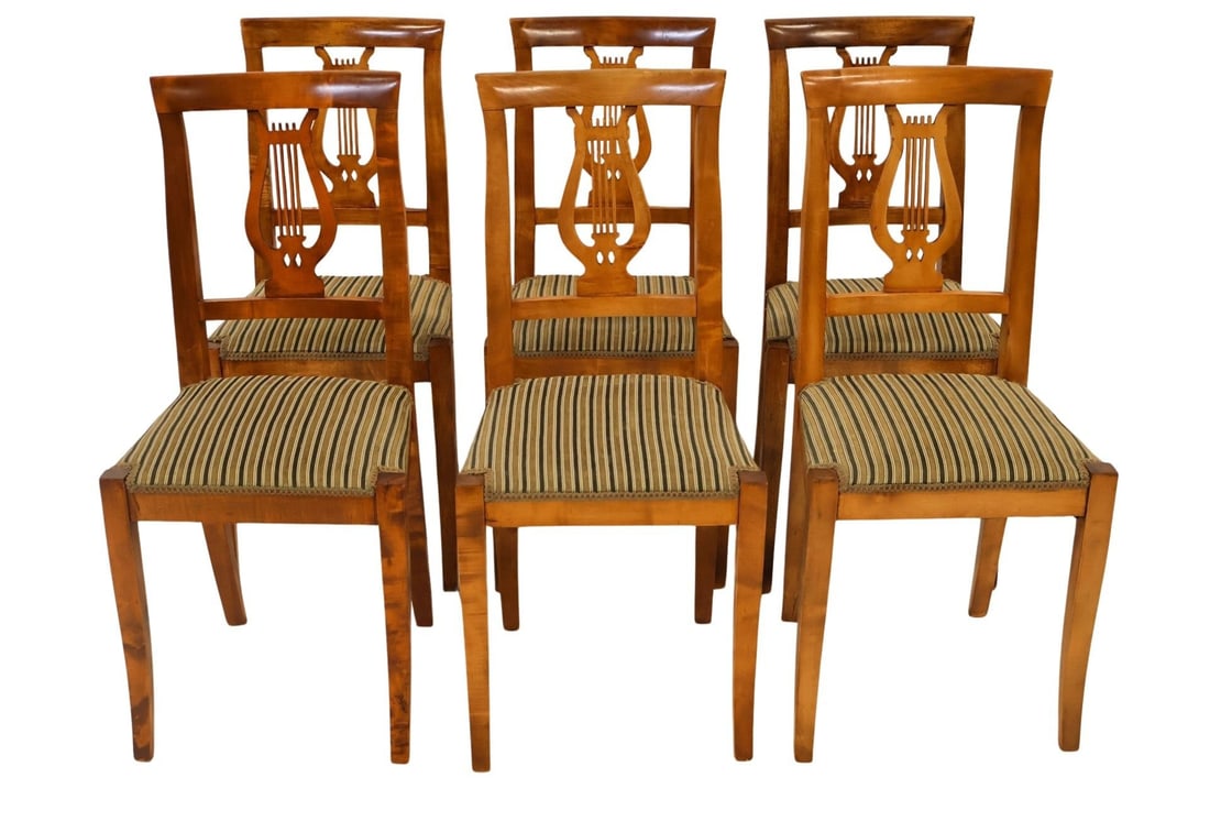 Set of 6 Vintage Italian Made Lyre Back Chairs.: Great quality and patina. From a Greenwich, CT estate. - Dimensions: 37" h x 14.25" w x 14.75" d