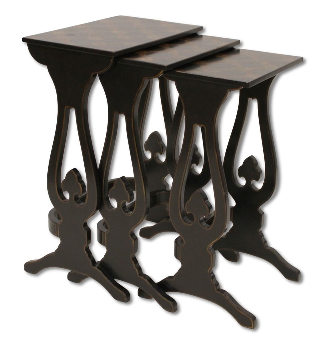 Vintage Set of Lacquered Heart Carved Nesting: Tables. From a Scarsdale, NY estate. Dimensions: Tallest table measures approx. 26.25" h x 17.50" w x 11.50" d.