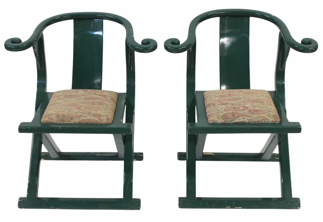 Midcentury Pair of Asian Modern Green Lacquered: Chairs. From a Long Island, NY estate. - Dimensions: 30.50"h x 17.75"d x 24.50"w