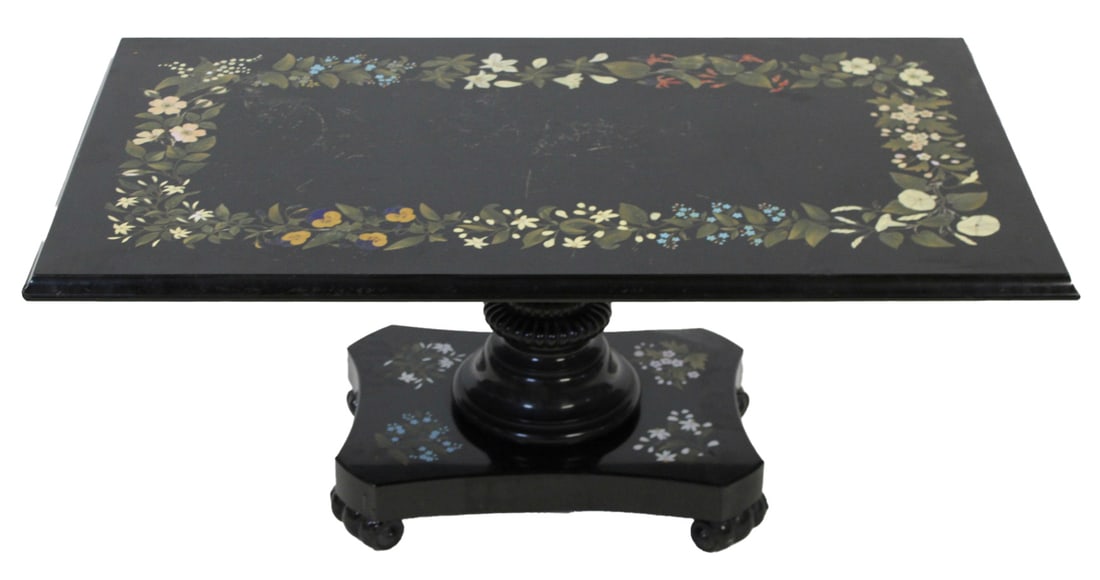 Vintage Pietra Dura Marble Coffee Table.: Nice size and well inlaid. From a Mt. Kisco, NY estate. - Dimensions: 18.25"h x 43"w x 24.50"d