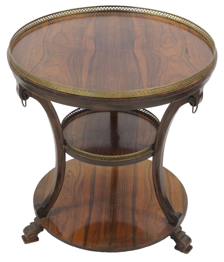 Vintage & Quality Rosewood Table w/ Brass Gallery.: 2 tier table with nice grain and brass gallery. From a Larchmont, NY estate. - Dimensions: 30" x 27"