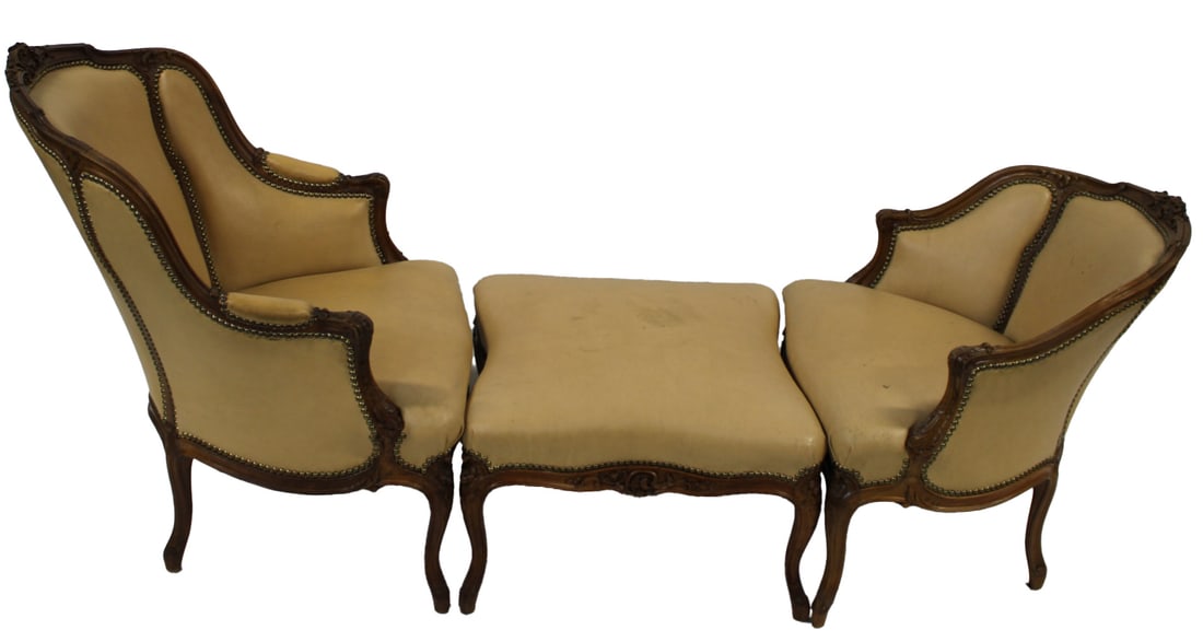 Vintage & Fine Quality French 'Duchesse Brisee': Finely carved in 3 sections with Naugahyde style upholstery. From a Bedford, NY estate. - Dimensions: 35" h x 26" x 60" put together