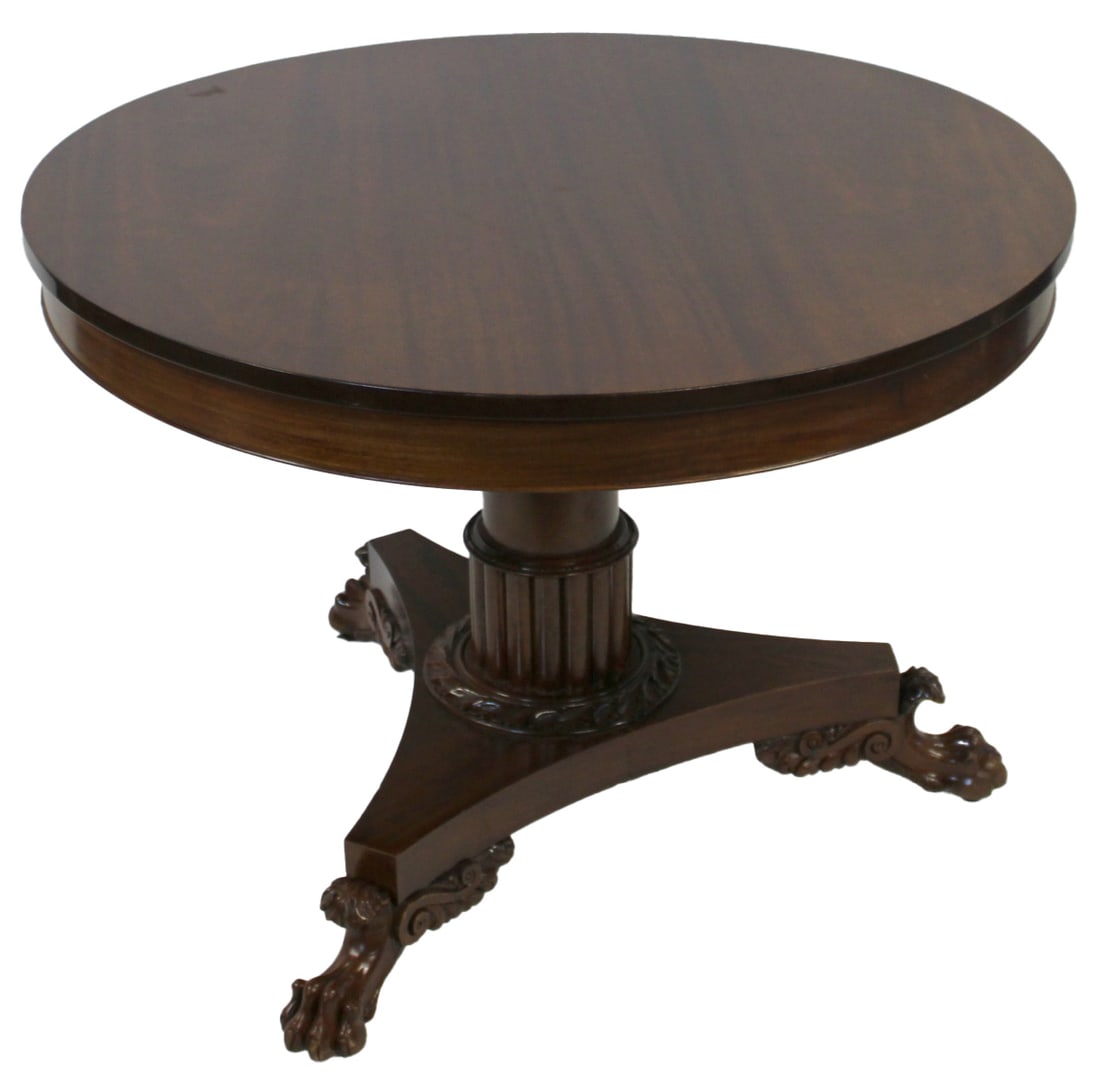 Vintage Potthast Brothers Mahogany Center Table.: Nice patina on this pedestal table with carving and raised on claw feet. From a Bedford, NY estate. - Dimensions: 29" h x 40" dia.